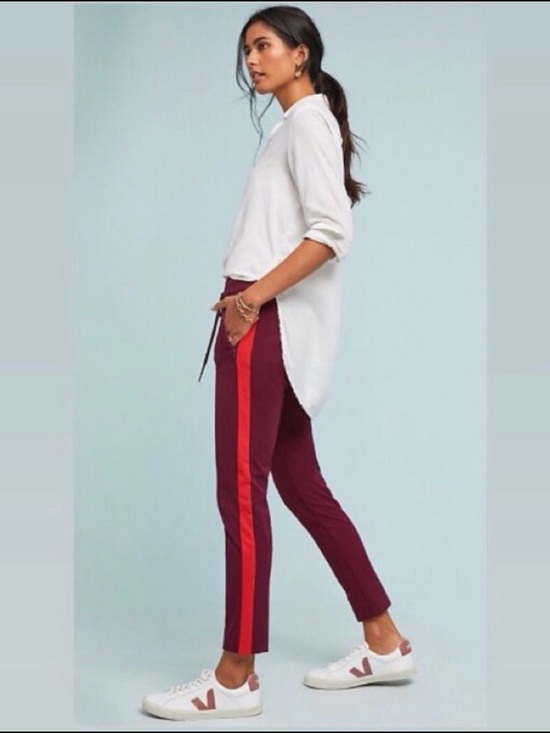 Anthropologie Pants - Anthropologie Burgundy Skinny Pants with Red Side Stripe - Size 10